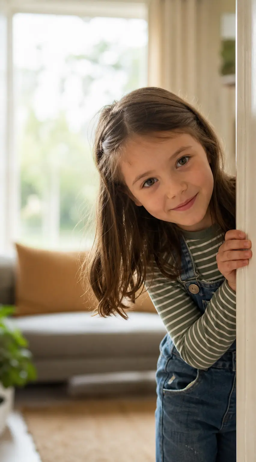 A young girl peeking around a doorway, smiling